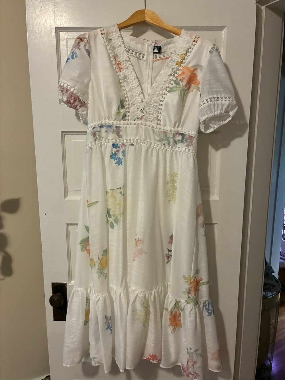 White Floral Midi Dress with Lace Trim